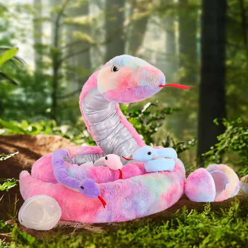 MaoGoLan Giant Snake Stuffed Animal - Realistic Large Mommy with 3 Babies & 3 Eggs Plush Toy, 79'' Long