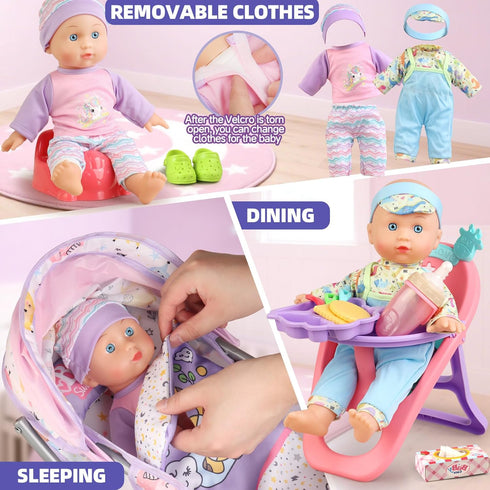 Playset 3-5 4-6 5-7 12.5" 24 2 Sets Baby Doll Stroller for Girls Toddlers Year Old to Play House Games. Stroller Toy