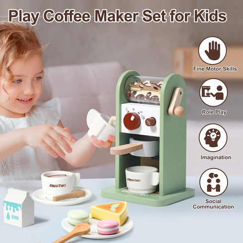 Playset Girl,17pcs Kids Wooden Coffee Maker Toy,Coffee Machine with Grinder,Play Coffee Making Routine,Stimulates