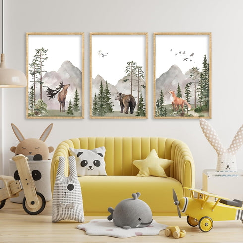 LuZhiQiang Set 3 16x11 Inch Of Wild Woodland Nursery Animals Wall Art Decor Safari Foggy Forest Deer Bear Fox Posters