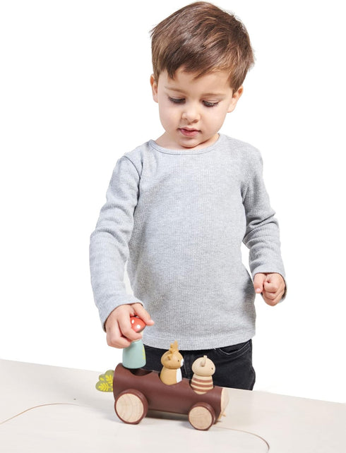 Tender Leaf Toys Timber Taxi - Wooden Log Shaped Push Vehicle with 3 Removeable Characters, Open-Ended Play Toy for