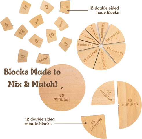 Tomaze Montessori Wooden Toy Clock - Educational Kit for Kids to Teach Time, Fractions, and Numbers