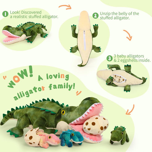 7Pcs 23.6" 3 Alligator Stuffed Animal, Giant Crocodile Plush Toy with Baby Crocodiles Plushies, Stuffed Alligator Gift