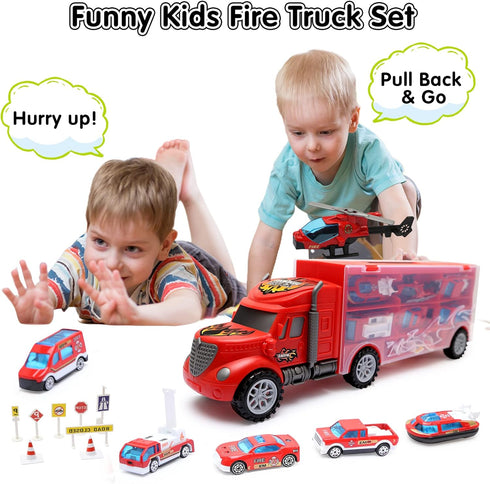 JODUDLR 3-4 Set 12-in-1 3-7,Red Toddler Toys for Year Old Boys,Large Transport Cars Carrier Truck Toys with Vehicles