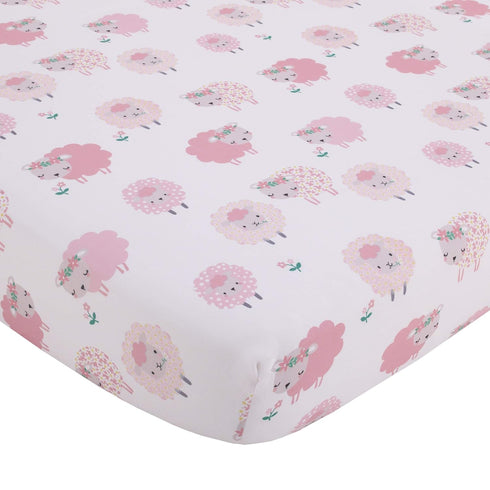 NoJo Farm Chic - Little Lambs Pink, Grey & White Fitted Crib