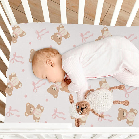 KICPOAY 39 27 Fitted Crib Sheets Animal Bear Pink Ribbon Bow Stretchy Portable Playard Sheets for Baby Toddler
