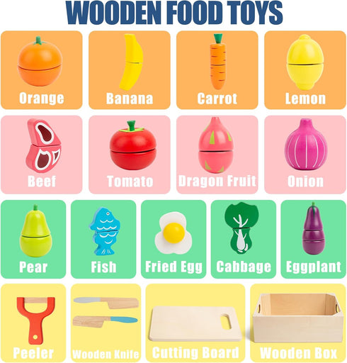 32 Sets Set Pcs Wooden Play Food for Kids Kitchen Accessories, Montessori Educational Toys Food, Pretend Play Food