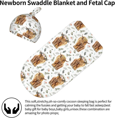 Muitanerkd Set, Highland Cow Baby Stuff Newborn Swaddle Blanket Beanie Hat Soft and Stretchy Highland Cow Baby Blanket