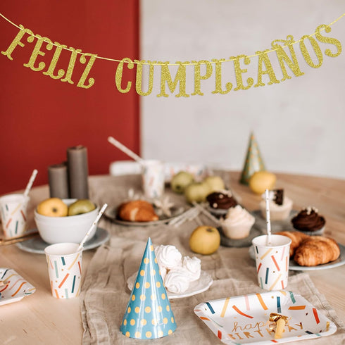 Feliz Cumpleaños Gold Glitter Banner - Happy Birthday Fiesta Theme Party Decorations