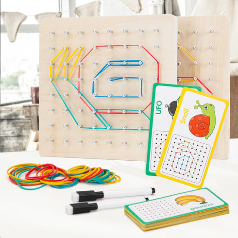 2Pack Wooden geoboards with Rubber Bands Montessori Toys, Mathematical Education Toy for Kids with Pattern Cards