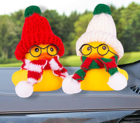 Christmas Rubber Ducks Toys - Yellow Duck Car Ornaments with Mini Beanie Hat and Scarf for Home Decor