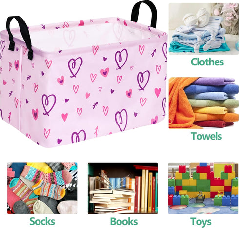 Rectangle Heart Pattern Kids Pink Storage Basket, Laundry Hamper with Handles, Baby Toys Storage Box for Boys and Girls