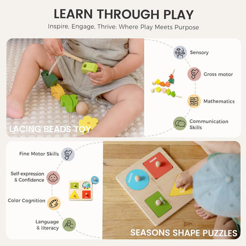 Set 18-24 4-in-1 Tiny Land Montessori Toy for Babies Months Investigator Play Kit- Wooden Learning Toys with Color