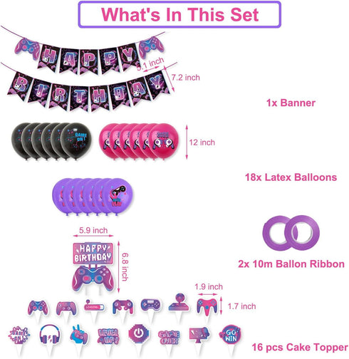 Video Game Birthday Party Decoration Set, Purple Game Birthday Party Supplies, Includes Birthday Banner Balloon Cake Decoration