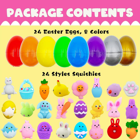 CHHOEAV 24 Pack Easter Mochi Squishy Toys Filled Easter Eggs, Plastic Easter Eggs Filled with Easter Squishy Toys