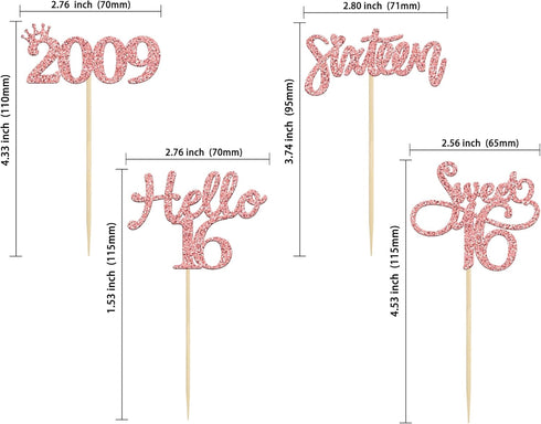 Gyufise 24 Pack Rose Gold Glitter 16th Birthday Cupcake Toppers, Hello Sweet 16 Sixteen Since 2009 Cake Decorations