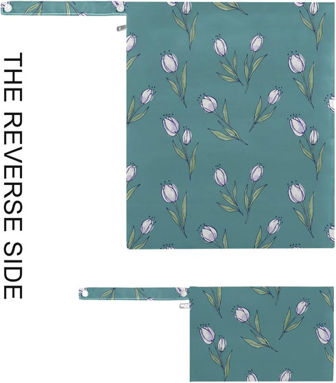 Burbuja 2 Pack, 2 Flowers on Teal Wet Dry Bags for Baby Cloth Diaper Waterproof Reusable Wet Bag with Zippered Pockets