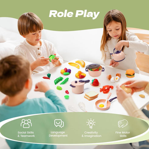 51-Piece Playset CUTE STONE Mini Play Kitchen Accessories for Kids, Pretend Cooking with Pots, Pans, Utensils, Cutting