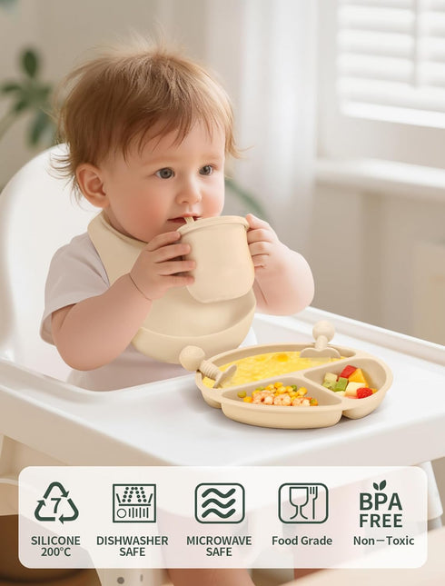 Set 9 Silicone Baby Feeding Pcs, Spill-Proof Suction Plate, Bowl, Bib, Silicone spoon&forks, Wooden Spoons&forks