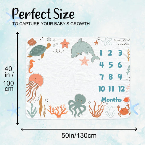 Ocean Baby Monthly Blanket for Girls, Newborn Month Blanket, Soft Flannel Photography Background Prop, Personalized