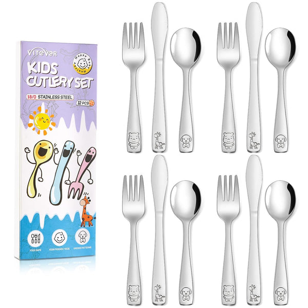 VITEVER 12-Piece Toddler Utensils - Stainless Steel Kids Silverware Set, Safe Forks, Spoons, and Knives