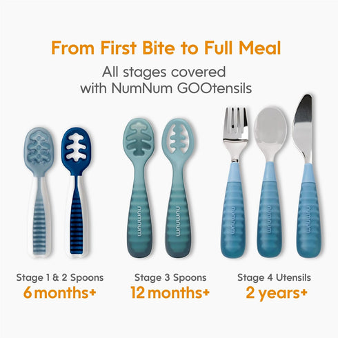 NumNum Baby Spoons Set, Pre-Spoon GOOtensils for Kids 12+ Months, Self Feeding Silicone Toddler Food Utensils