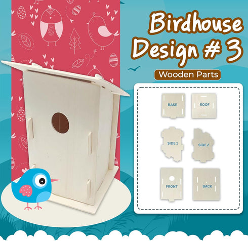 Podzly Kids Wooden Birdhouse Craft Kit, 12 DIY Bird House Kits for Kids Crafts Activity with 3 Designs to Enjoy