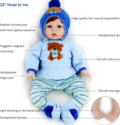 Aori Reborn Baby Dolls Boy, 22 Inch Realistic Lifelike Newborn Baby Doll with Teddy Toy and Accessories