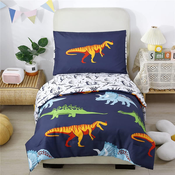 URBONUR 4-Piece Toddler Bedding Set - Ultra Soft Cartoon Jurassic Dinosaur Print