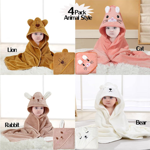 4Pack 31.5x31.5 Set Baby Bath Towel with Hooded Absorbent Soft Hooded Towel for Newborns Unisex in Bath Towel Gift