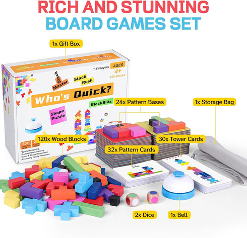 120Pcs 4 1 6 4+ Wooden Block Stacking Games Fast-Paced Building Block Game More Ways to Play for Party Game Night