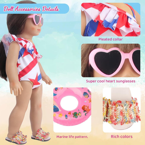 18 Inch Doll Summer Outfits Set, Vibrant Swimming Playset for American Doll Girls with Bikini Swimsuits and Accessories