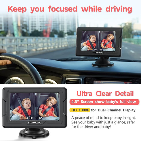 1080P 2 4.3'' Itomoro Baby Car Camera HD Dual-Channel Display Car Baby Camera with IR Night Vision Camera, Easily