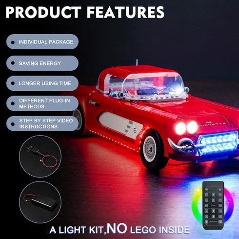 BrickBling LED Light Kit for Lego 10321 Chevrolet Corvette Toy Car, Remote Control Version Lighting (No Model Included)