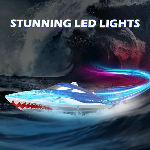 20+ 2.4GHz DEERC High-Speed RC Boat for Kids & Adults, MPH Full Proportional Remote Control Shark Boat with LED Lights