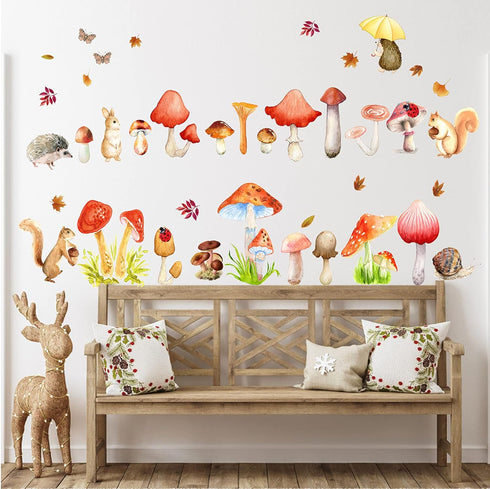 Watercolor Mushroom Wall Decals Colorful Mushroom Wall Stickers Cute Animal Autumn Leaf Wall Stickers Peel and Stick