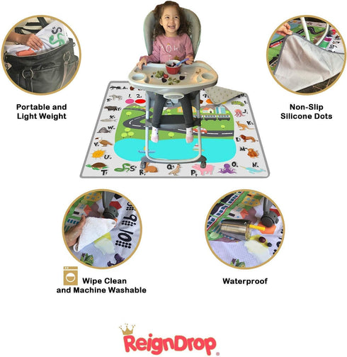 ReignDrop 54" XL Splat Mat for Under High Chair- Creative Design for Art Floor Cover, Food Spills for Baby or Toddler.