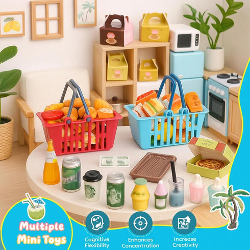 YOUHORYA 196Pcs Mini Shopping Cart Basket Trolley Grocery Game Model Miniature Drink Bottle Food Pizza with Box