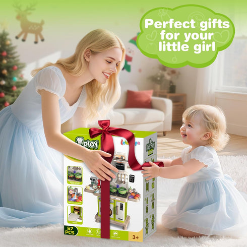 Set, Playset 57 2-4 3-5 Play Kitchen Kids Kitchen with Realistic Sound & Light, Cooking Stove, Sink, Play Food