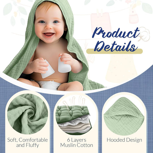 VitalCozy 8 32 32 Inch Pcs Baby Muslin Hooded Bath Towels and Washcloths, x Muslin Cotton Hooded Baby Towels Absorbent