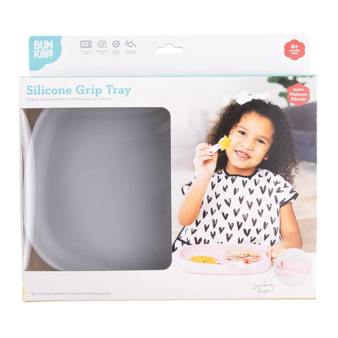 Bumkins Toddler and Baby Suction Plate, Silicone Grip Dish Large Tray for Big Kids, Non Skid Sticky Bottom, Platinum