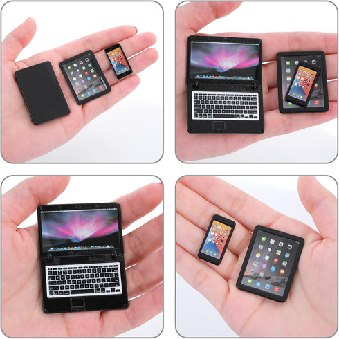 3Pcs Miniature Dollhouse Décor, 1:12 Metal Simulation Laptop, Tablet, Smart Phone Accessories (Black 3Pcs)