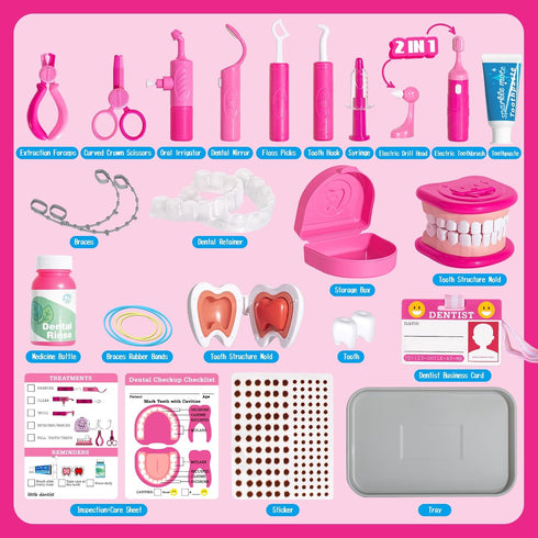 Set 3-5 4+ 5-7 ULOVEME Kids Dentist Play Pink with Braces /Removable Teeth /Retainer - Doctor Kit for Toddlers