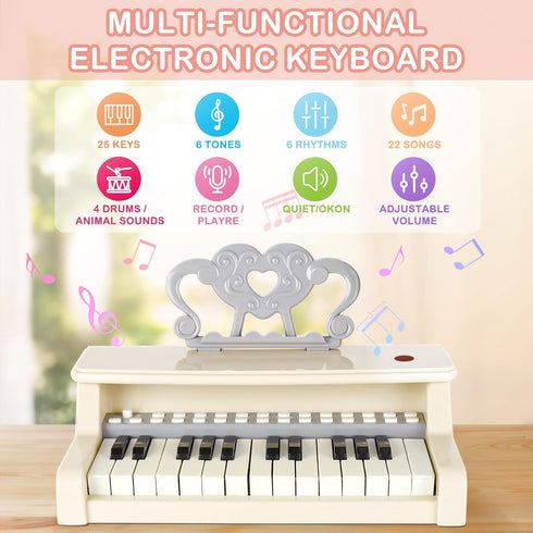 deAO Piano Toy Keyboard for Kids, 25 Keys Music Instrument with Microphone, Birthday Gift for Girls, White