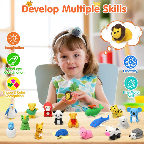 34 Pack Animal Pencil Erasers for Kids - Bulk Desk Pet Toy, 3D Mini Puzzle Erasers, Treasure Box Toys Game Prize