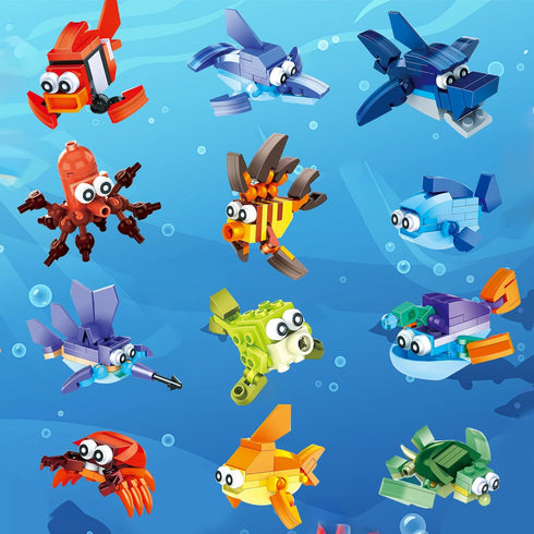 ,12PCS SetBuilding Sets Party Favors for Kids Goodie Bags Mini Building Blocks Ocean Animal, Sea Creatures Building