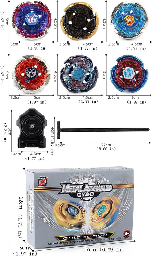 Gyros 6 Pieces Pack, Battling Tops Metal Fusion Starter Set with Stickers and Two Launchers for Kids Age 6+