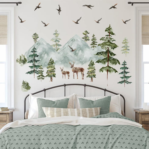 Mountain Wall Decals Large Pine Tree Wall Decals Peel and Stick Forest Tree Deer Birds Woodland Animal Decal Mountain
