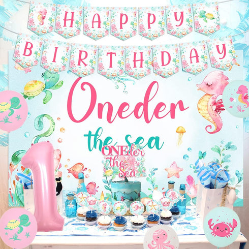 1st Oneder the Sea Birthday Girl Decorations, Under the Sea Ocean Animal Happy Birthday Backdrop Banner High Chair