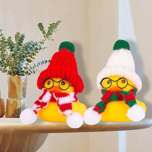Christmas Car Ornaments Rubber Ducks Toys, Yellow Duck Dashboard Decorations with Mini Beanie Hat, Scarf, Sunglasses, 2